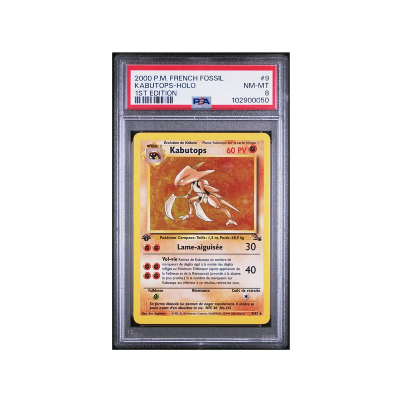 2000 Fossil French - Kabutops Ed. 1 Holo 9 - PSA 8